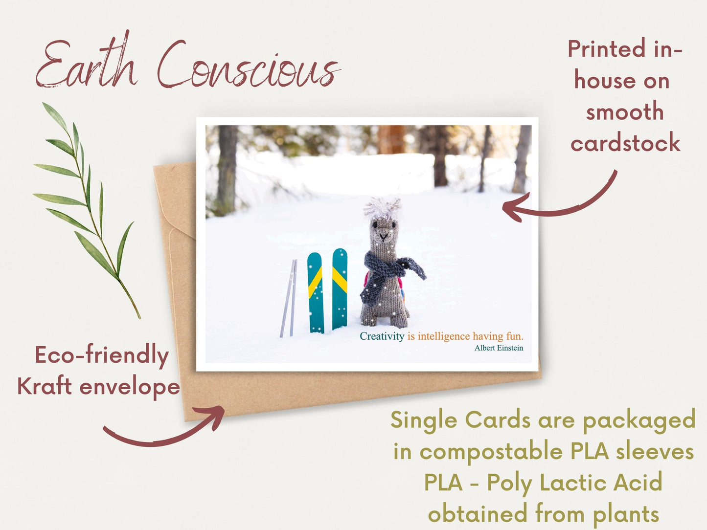 Greeting Card with Knitted Alpaca in the Snow, Quote by Einstein