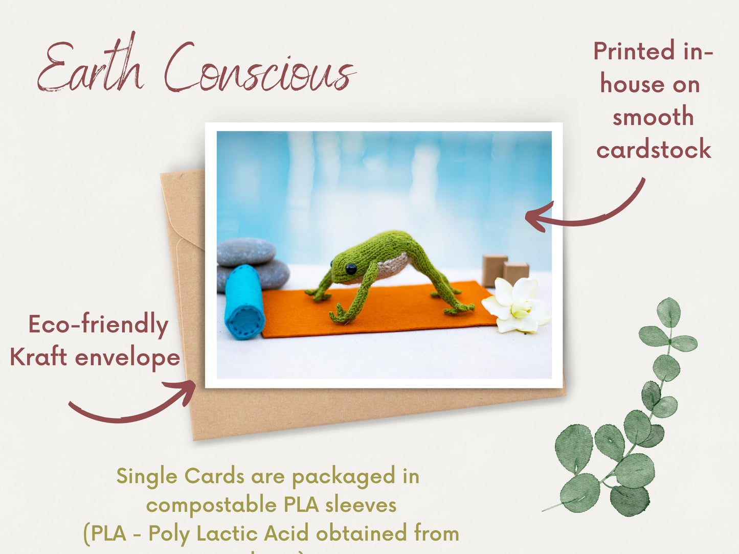 Funny Greeting Card with knitted Yoga Frog "Downward Facing Frog" All Occasions