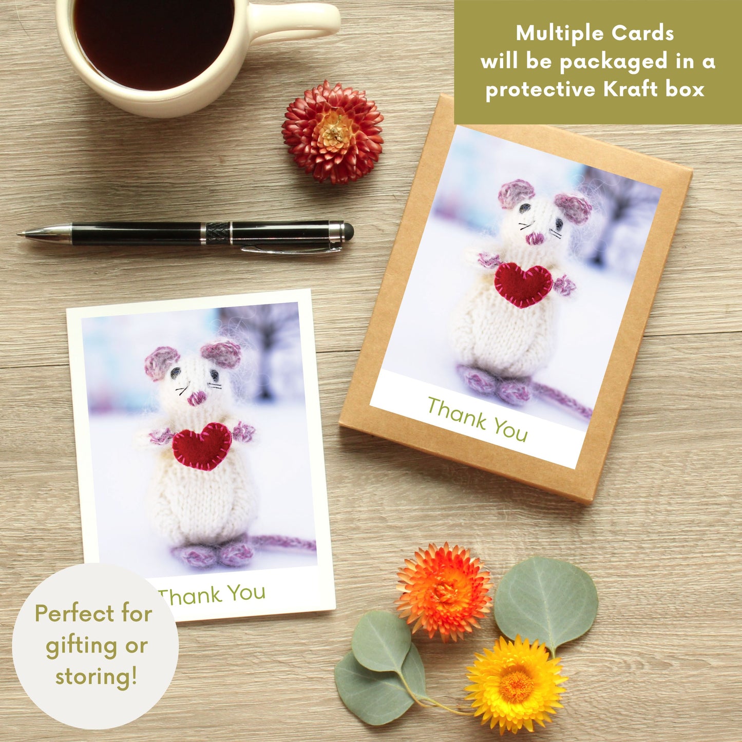 Set of 8 Thank You Note Cards  "Heartfelt Mouse"