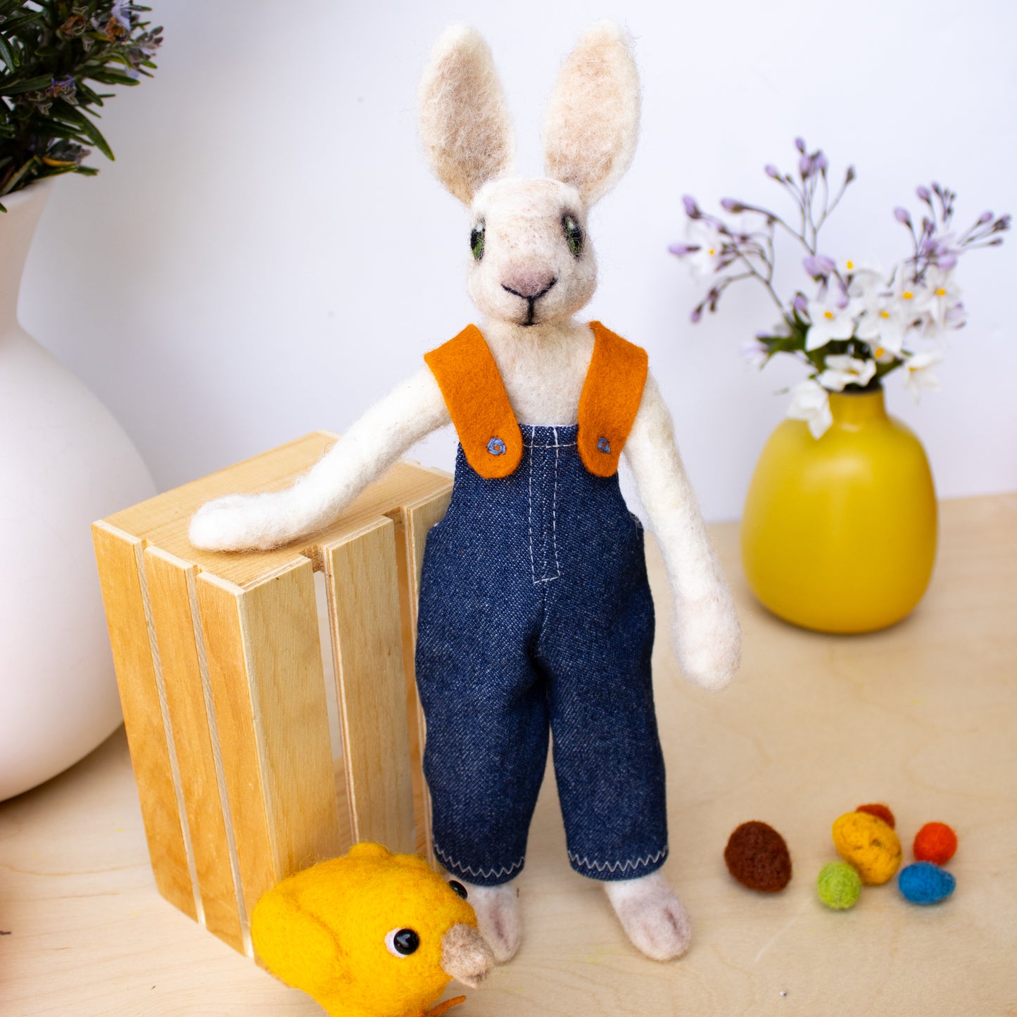 Whimsical Felted White Easter Bunny