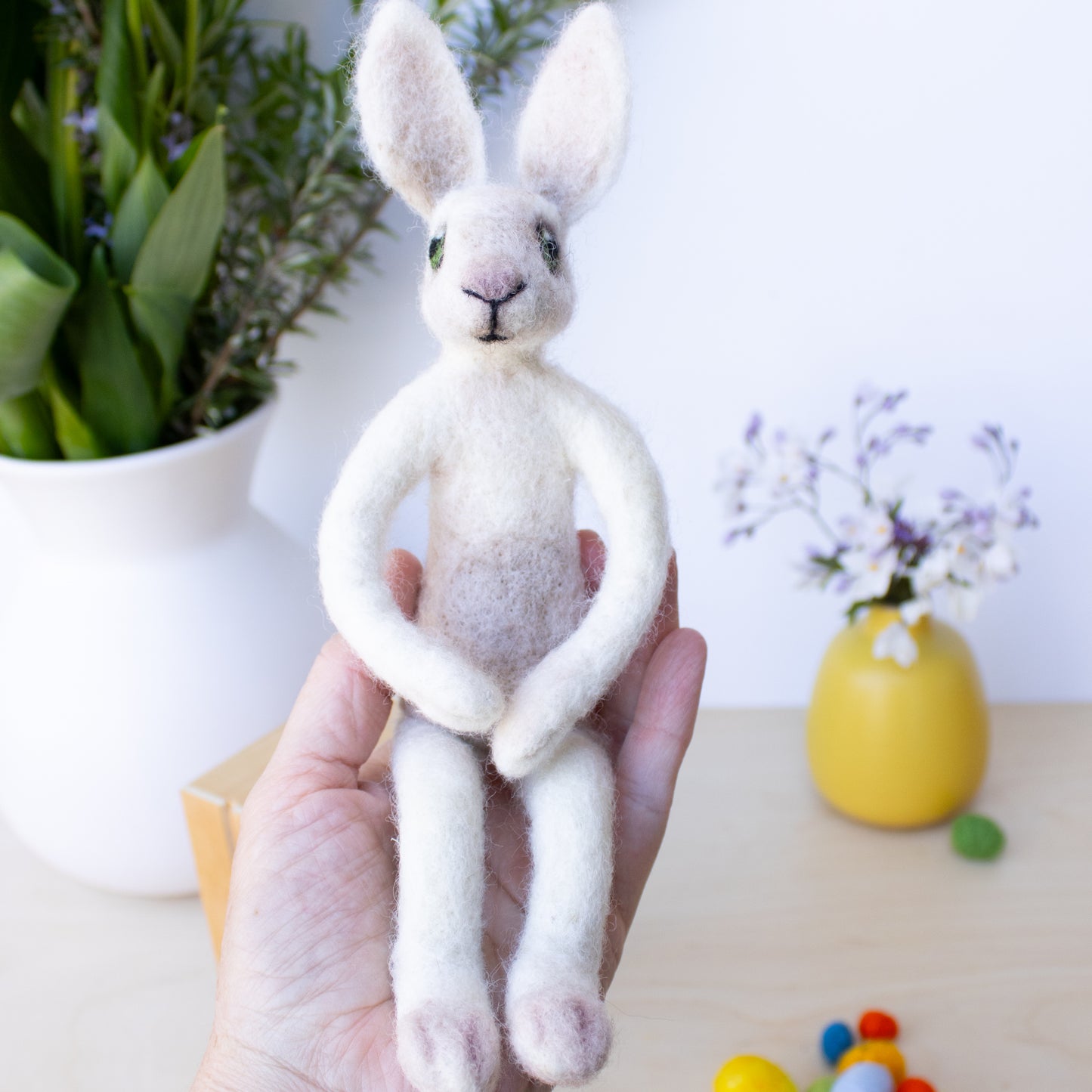 Whimsical Felted White Easter Bunny