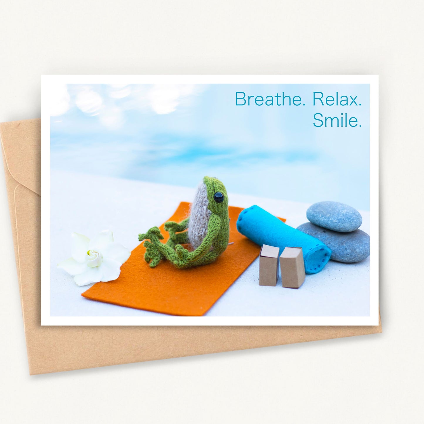 Funny Greeting Card Knitted Meditating Yoga Frog - Breathe Relax Smile