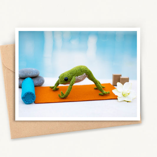 Funny Greeting Card with knitted Yoga Frog "Downward Facing Frog" All Occasions