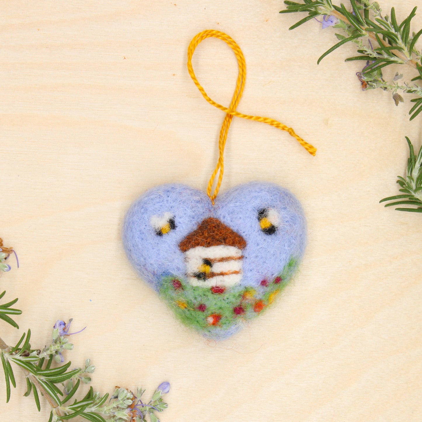 Felted Heart Ornaments with Bee Hive