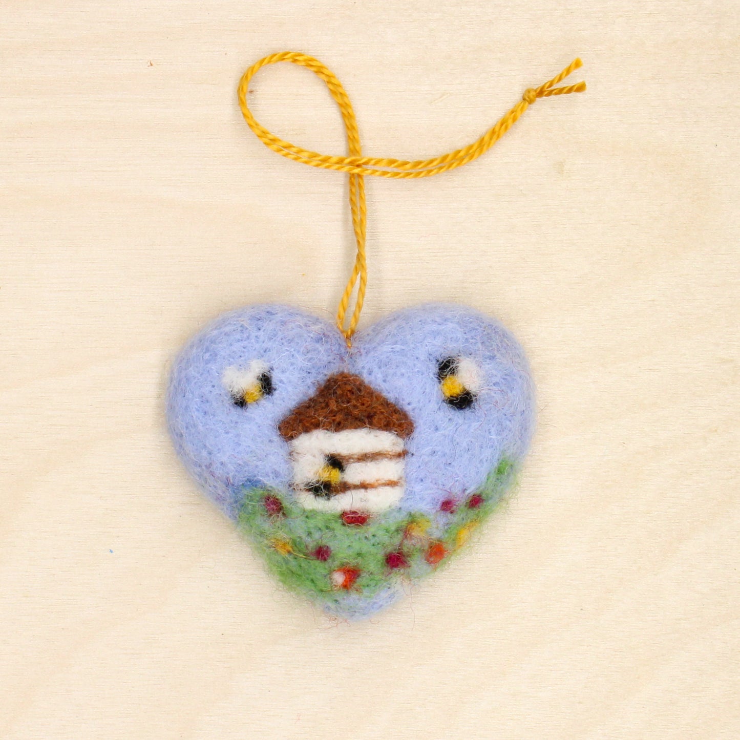 Felted Heart Ornaments with Bee Hive