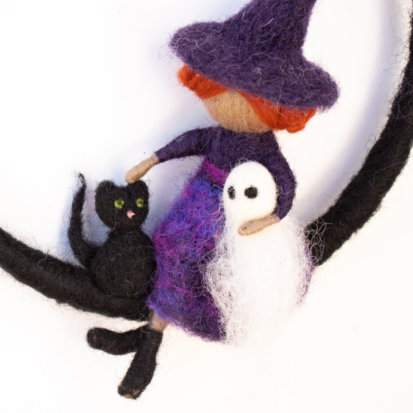 Whimsical Felted Halloween Witch with cute Ghost, Cat and Bat, Window or Wall decor