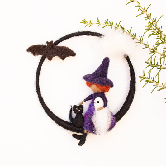 Whimsical Felted Halloween Witch with cute Ghost, Cat and Bat, Window or Wall decor