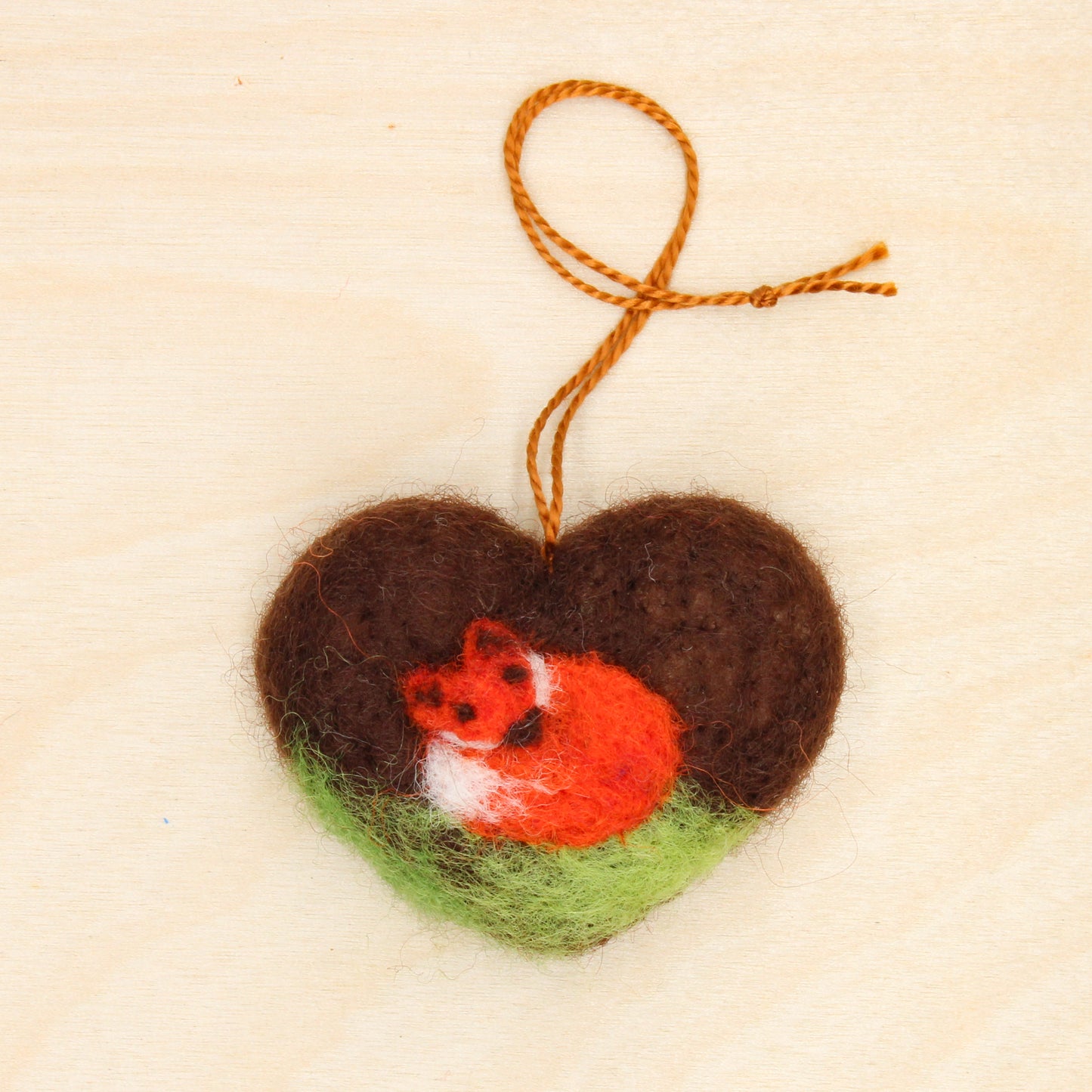 Felted Heart Ornaments with Sleeping Fox