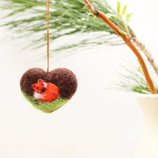 Felted Heart Ornaments with Sleeping Fox