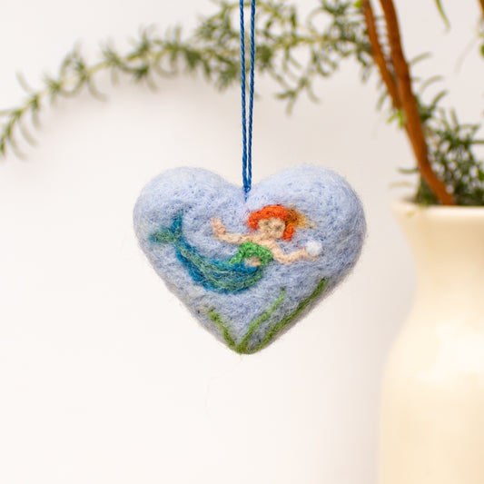 Whimsical Mermaid Felted Heart Ornament - Spring & Seasonal Decor