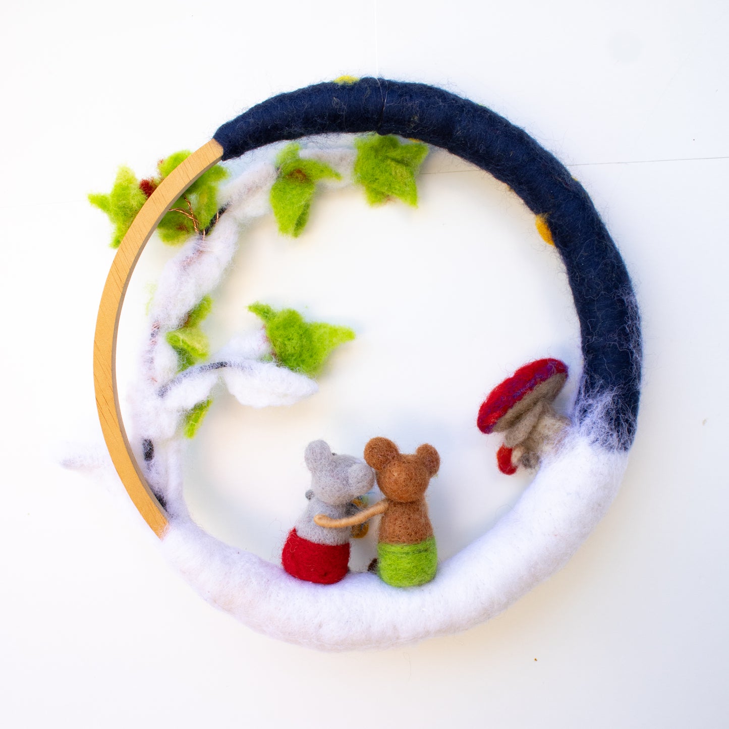 Needle Felted Wreath with 2 Sweet Little Mice, Holiday Decor, Wallhanging for Baby Nursery or Play Room