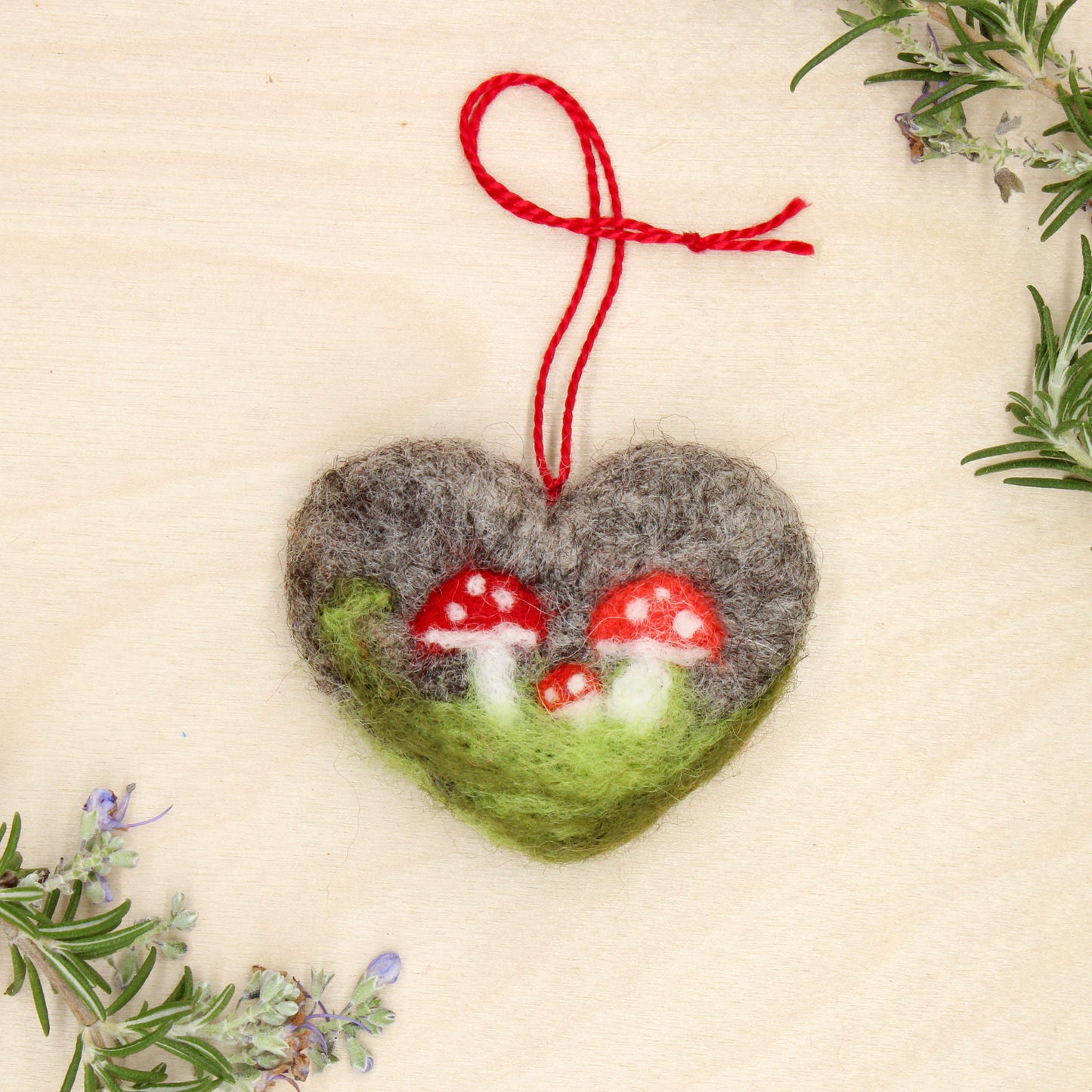 Felted Heart Ornaments with Mushrooms