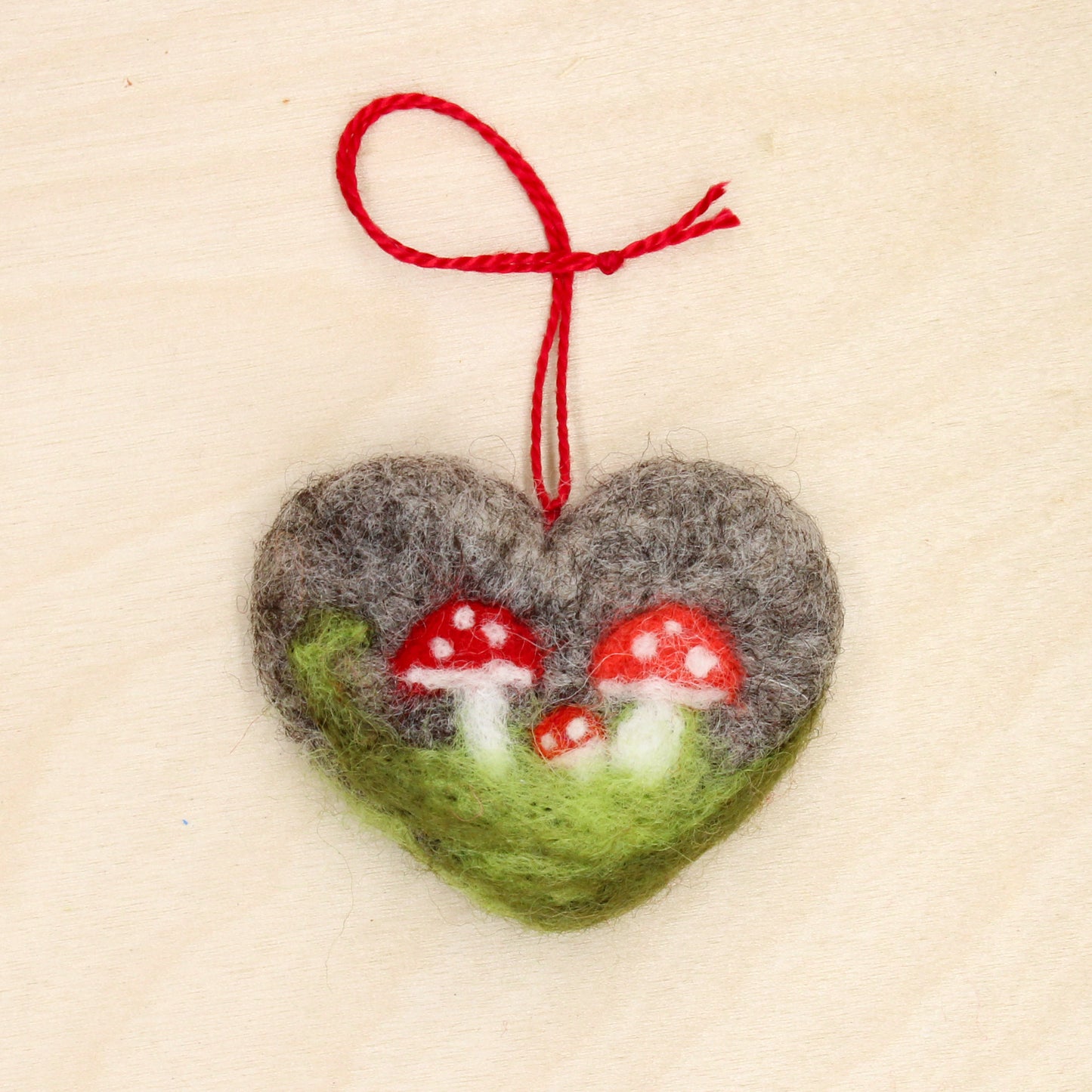 Felted Heart Ornaments with Mushrooms