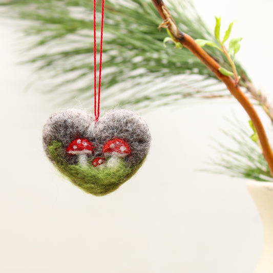 Felted Heart Ornaments with Mushrooms