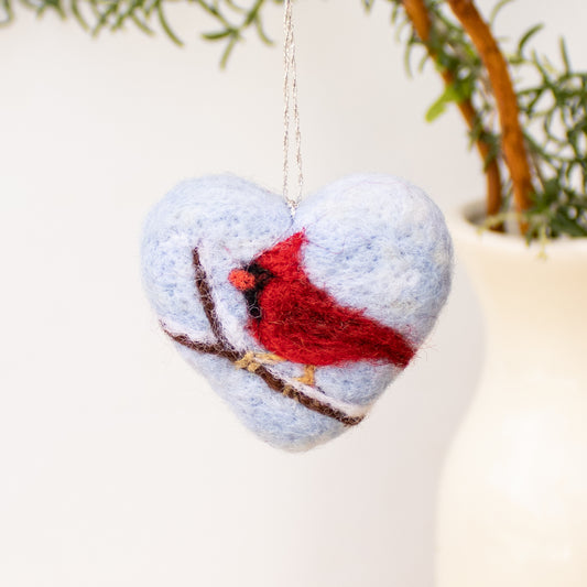 Whimsical Cardinal Bird Felted Heart Ornament - Holiday Decor