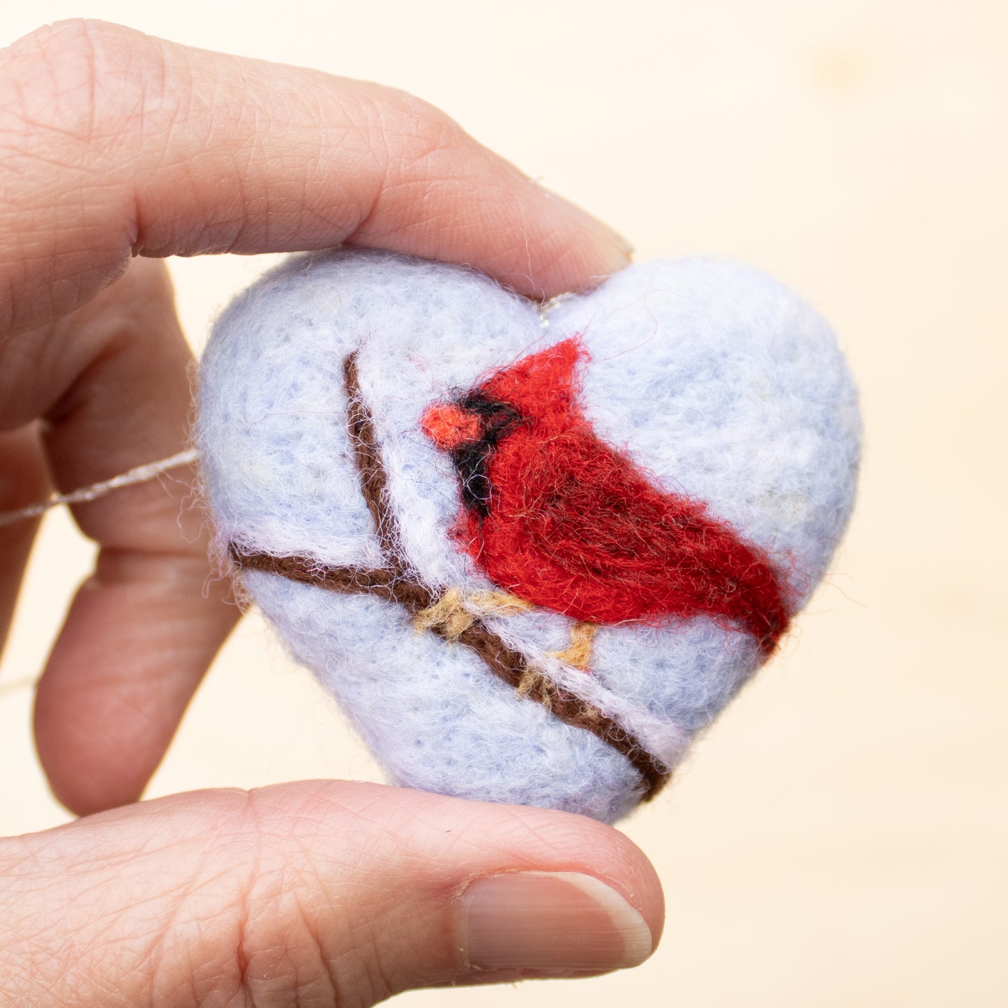 Whimsical Cardinal Bird Felted Heart Ornament - Holiday Decor