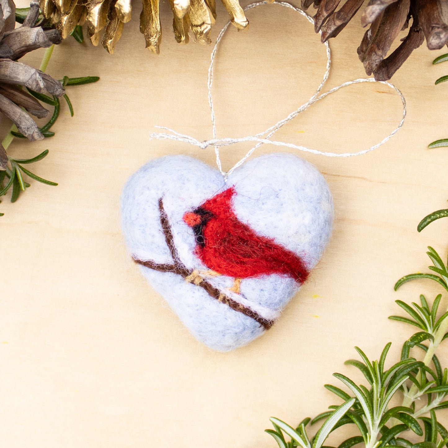 Whimsical Cardinal Bird Felted Heart Ornament - Holiday Decor