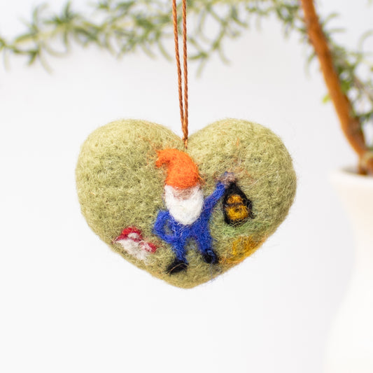 Whimsical Gnome Felted Heart Ornament - Spring & Seasonal Decor