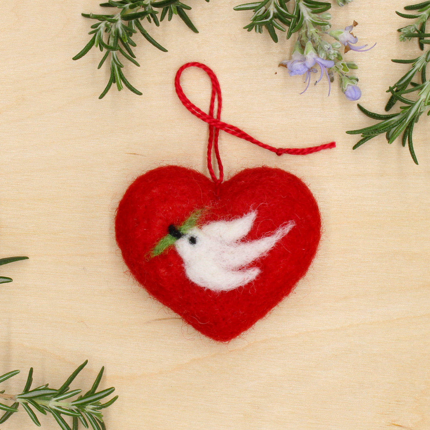 Felted Heart Ornaments with White Peace Bird