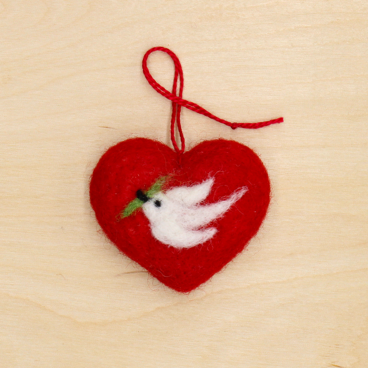 Felted Heart Ornaments with White Peace Bird