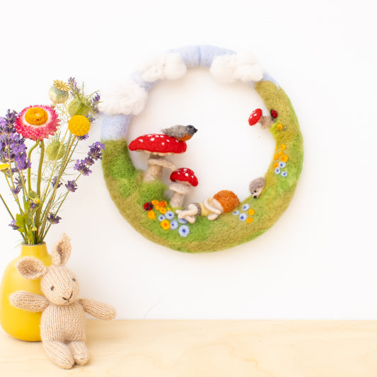 Felted Wreath with Little Baby Sleeping, Wallhanging for Baby Nursery or Play Room